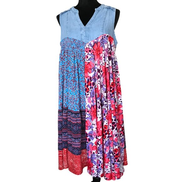 Boho Hippie Silky Sundress, Size S - M: Handmade Upcycled Patchwork Midi Dress - Picture 4 of 12